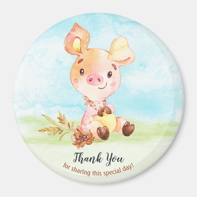 Imán Watercolor Piggy Baby Shower Farm Thank You (Frente)