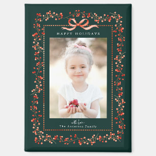 Imán Watercolor Red Berry Frame Photo Green Navidades