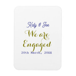 Imán We are Engaged purple gold name date elegant simpl