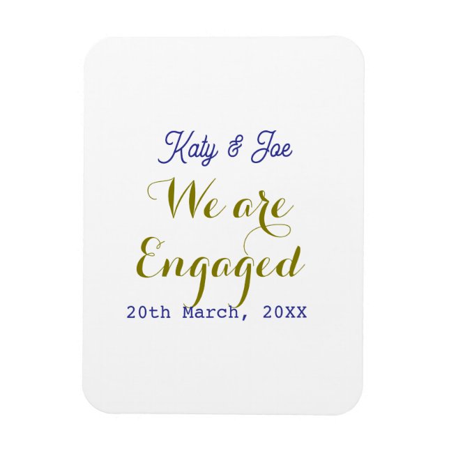 Imán We are Engaged purple gold name date elegant simpl (Vertical)