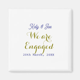 Imán We are Engaged purple gold name date elegant simpl