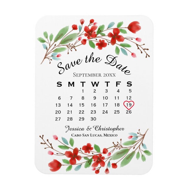 Imán Wedding Save the Date Red Blossoms Calendar (Vertical)