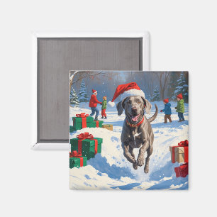 Imán Weimaraner corriendo en la nieve con sombrero de N
