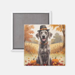 Imán Weimaraner en hojas de otoño arte de Acción de Gra