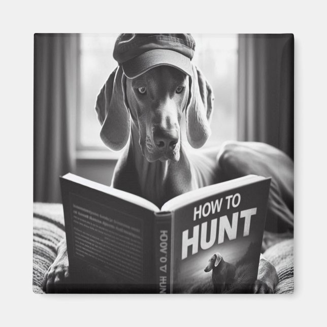 Imán Weimaraner lee un libro sobre cómo cazar (Frente)