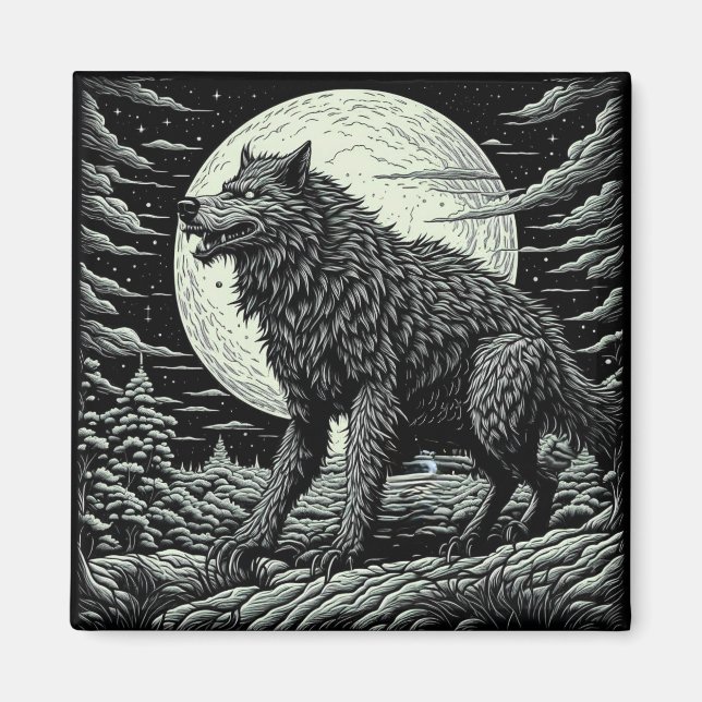 Imán Werewolf Ai Art negro y blanco (Frente)
