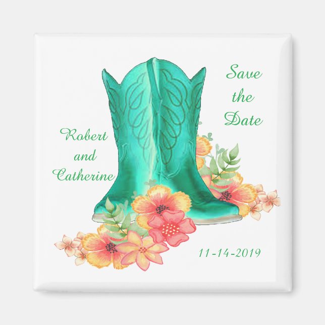 Imán Western Wedding Cowboy Boots And Flowers Save Date (Frente)