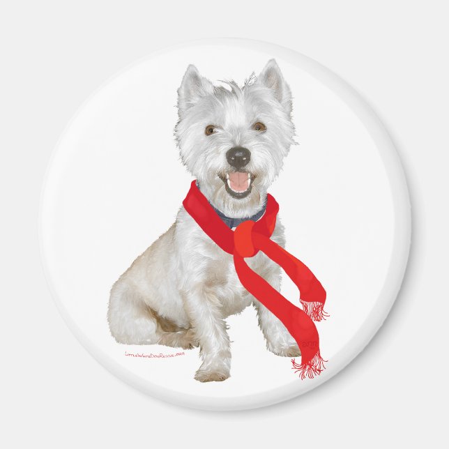 Imán Westie de invierno con una bufanda roja (Frente)