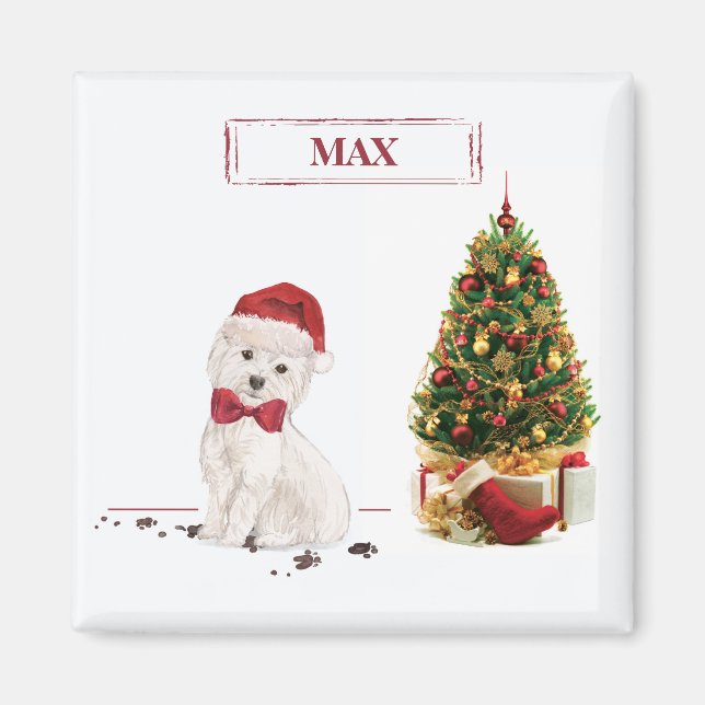 Imán Westie Divertido Perro de Navidad con Árbol (Frente)