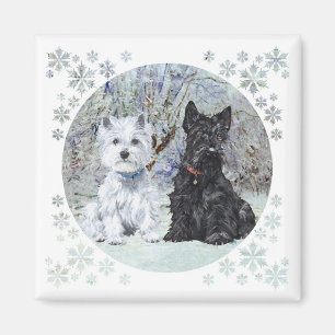 Imán Westie y Scottie en paisaje nevado