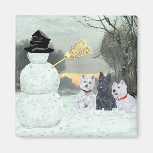 Imán Westies y Scottie con el muñeco de nieve