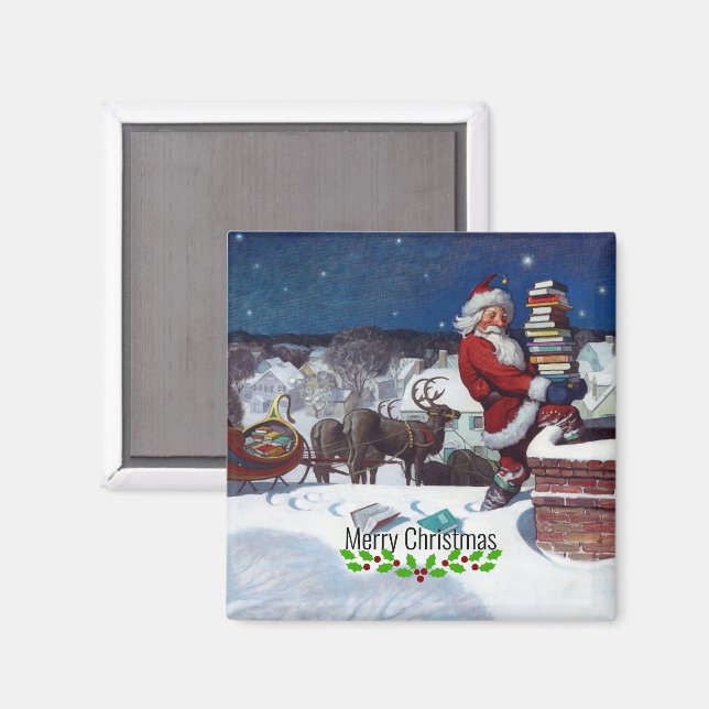 Imán Weyeth - Santa entregando libros para Navidad (Anverso/Reverso)