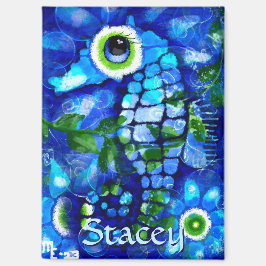 Imán Whimsical Big-Eyes Seahorse Art Blue Personalized