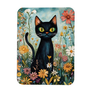 Imán Whimsical Black Cat con Ilustracion de flores silv