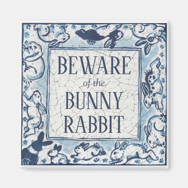 Imán Whimsical Blue Rabbit Tile Delft Dedham Beware (Frente)