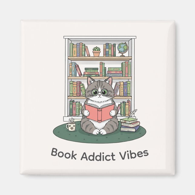 Imán Whimsical Cat Glasses Reading Bookshelf Cute Decor (Frente)