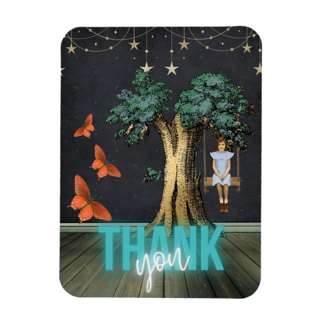 Imán Whimsical Chica En Swing Surreal Gracias (Vertical)