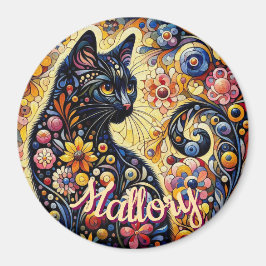 Imán Whimsical Floral Black Cat Kitty Personalized