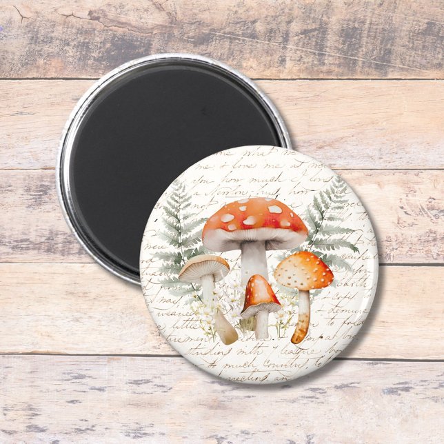 Imán Whimsical Forest Mushroom Vintage Farmhouse (In situ, on wood floor)