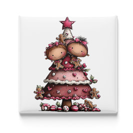 Imán Whimsical Little Girl Pink Christmas Tree Magnet
