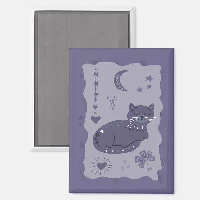 Imán Whimsical Night Cat Folk Art Magnet (Anverso/Reverso)