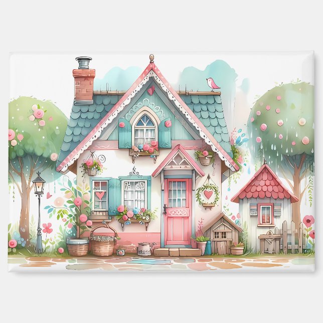 Imán Whimsical Pastel Hada Tale Cottage Art (Anverso)