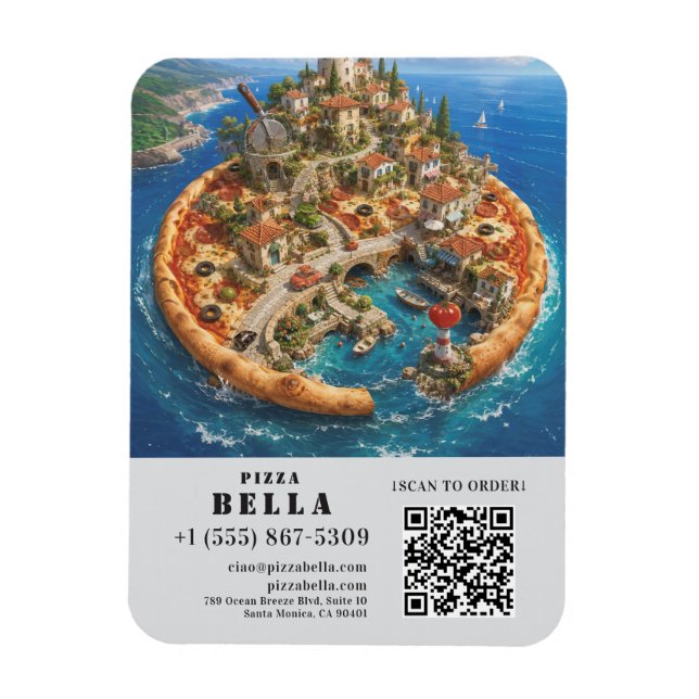 Imán Whimsical Pizza Art Restaurant Flyer with QR Code (Vertical)