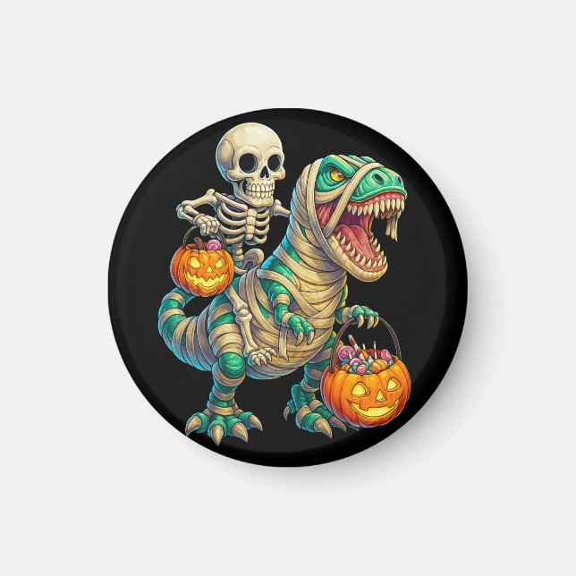 Imán Whimsical Skeleton Riding Mummy T-Rex Halloween (Frente)