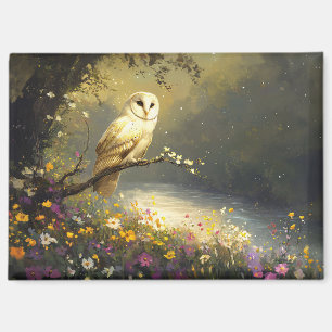 Imán Whimsical Snowy White Owu Wildflowers Art