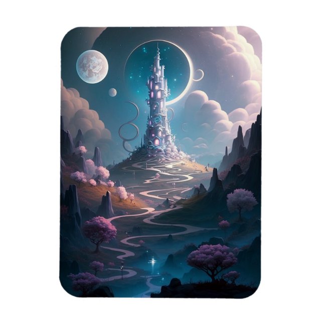 Imán Whimsical Tower Paisaje Fantasía Arte (Vertical)