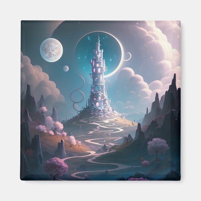 Imán Whimsical Tower Paisaje Fantasía Arte (Frente)