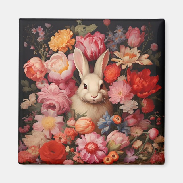 Imán Whimsical Vintage Bunny Spring Blooms (Frente)