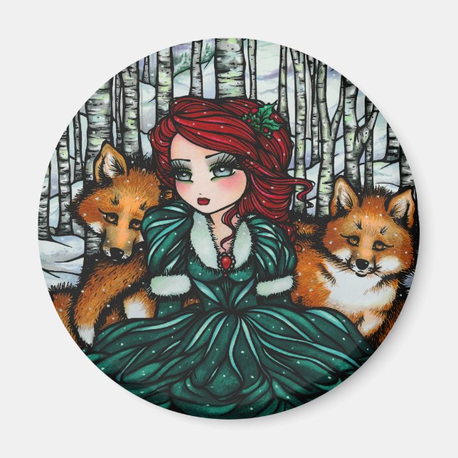 Imán Whimsical Winter Foxes Forest Art de Hannah Lynn (Frente)