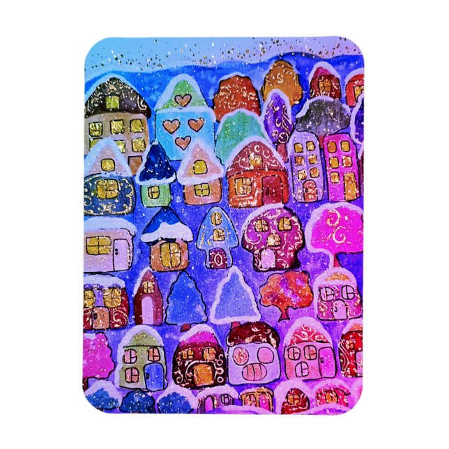 Imán Whimsical Winter Village Folk Art Christmas Magnet (Vertical)
