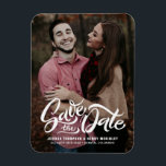 Imán White Bold Script Photo Save the Date Magnet<br><div class="desc">Fully customizable photo save the date magnet featuring retro script overlay with black and white stripes back pattern. This photo save the date magnet is available as flat card and postcard. A perfect way to announce your wedding date to your family and friends.</div>