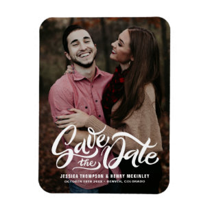 Imán White Bold Script Photo Save the Date Magnet