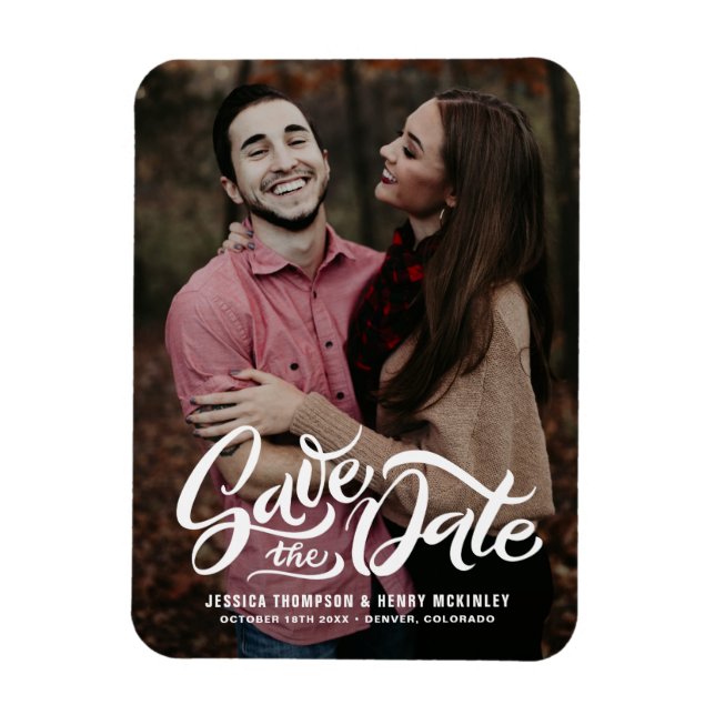 Imán White Bold Script Photo Save the Date Magnet (Vertical)