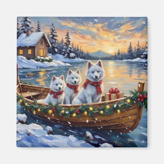 Imán White Samoyed Christmas Boat Holiday (Frente)