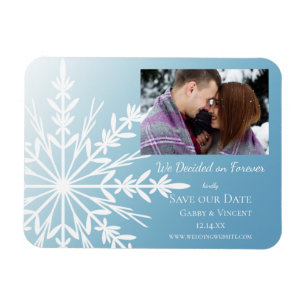 Imán White Snowflake on Ice Blue Wedding Save the Date