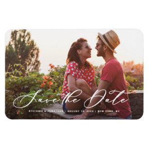 Imán White Whimsical Calligraphy Photo Save the Date