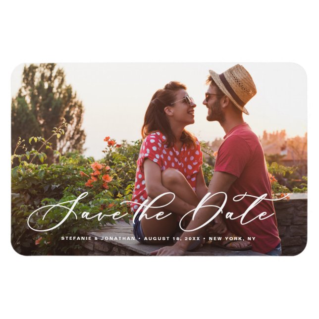 Imán White Whimsical Calligraphy Photo Save the Date (Horizontal)