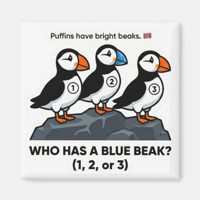 Imán Who Has a Blue Beak? – Puffin Learning Magnet (Frente)