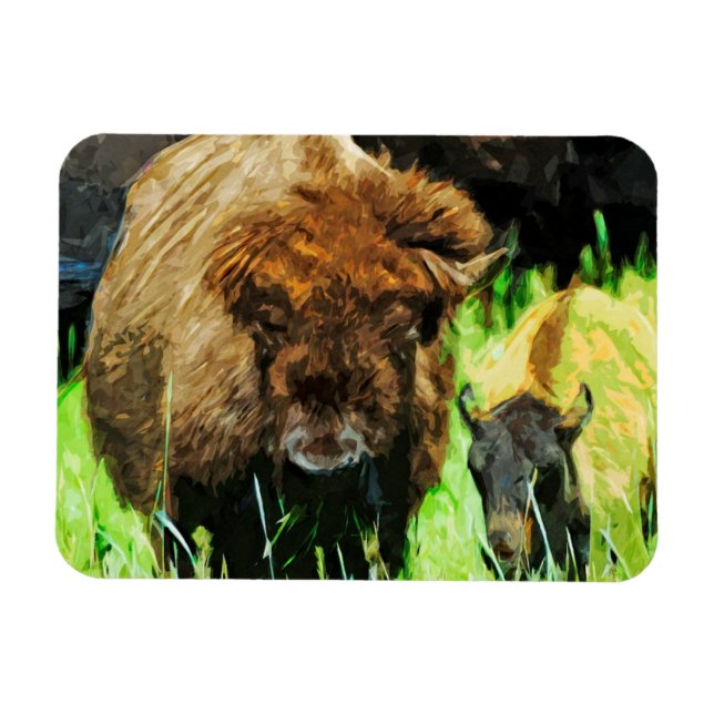 Imán Wild American Bison With Calf Abstract (Horizontal)