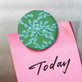 Imán Winding Peony Woodcut in Green and Aqua Magnet