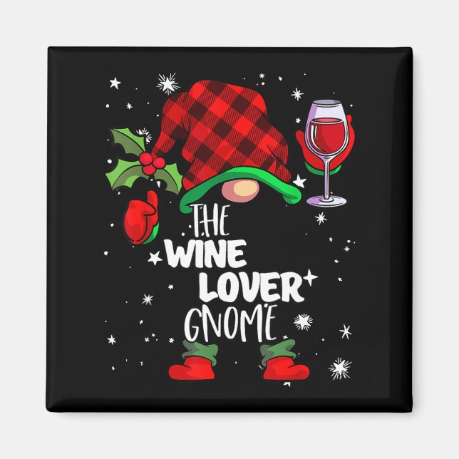 Imán Wine Lover Gnome Red Buffalo Plaid Matching Family (Frente)