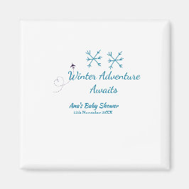 Imán Winter Adventure awaits baby shower blue snowflake