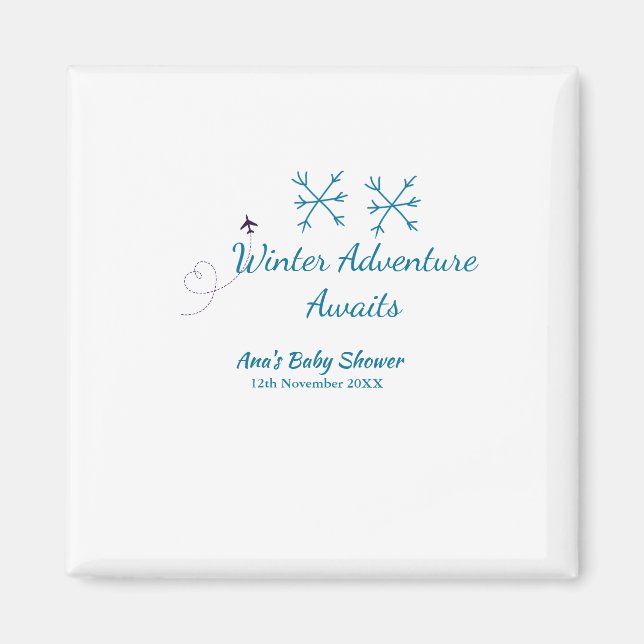 Imán Winter Adventure awaits baby shower blue snowflake (Frente)