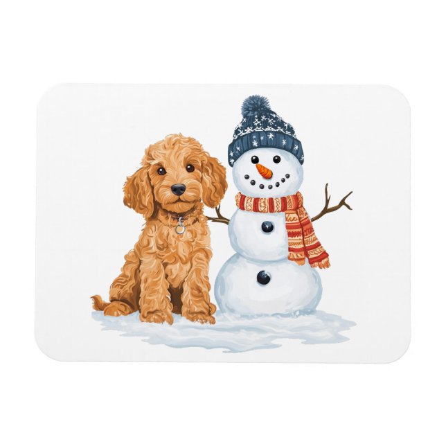 Imán Winter Goldendoodle Dog Cute Snowman (Horizontal)