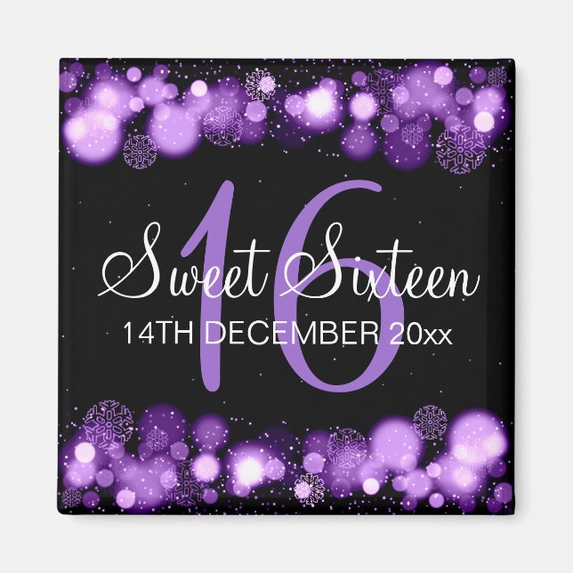 Imán Winter Sweet 16 Birthday Party Purple Bokeh Lights (Frente)