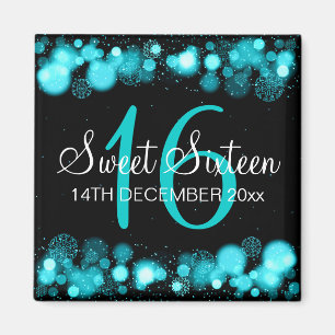 Imán Winter Sweet 16 Birthday Turquoise Bokeh Luces